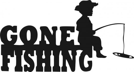 GONE FISHING Silhouette Laser Cut Appliques (Size: with FUSIBLE - 12"W, Color: Black)
