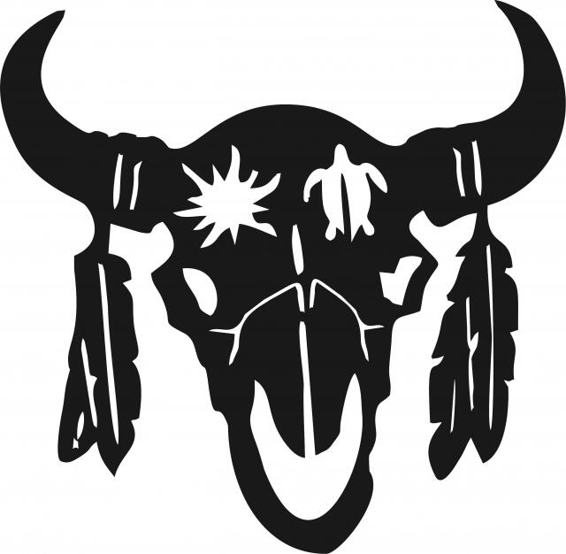Skull with Feathers Silhouette Laser Cut Appliques (Size: 9"W, Color: Black)