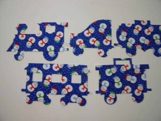Christmas Train Set of 5 cars Laser Cut Appliques (Size: with FUSIBLE - 6"H, Color: Blue Snowmen, Direction: Facing left)