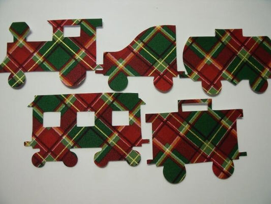 Christmas Train Set of 5 cars Laser Cut Appliques (Size: with FUSIBLE - 6"H, Color: Red & Green Plaid, Direction: Facing left)