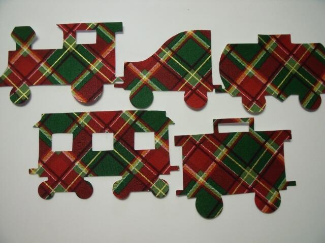 Christmas Train Set of 5 cars Laser Cut Appliques (Size: with FUSIBLE - 5"H, Color: Red & Green Plaid, Direction: Facing left)