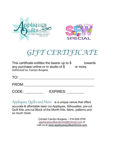 Gift Certificates  (Occasion: Sew Special, Amount: Gift Certificate - $20.00)