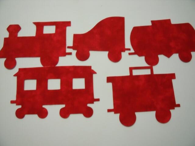 Christmas Train Set of 5 cars Laser Cut Appliques (Size: with FUSIBLE - 5"H, Color: Tonal - Red, Direction: Facing right)